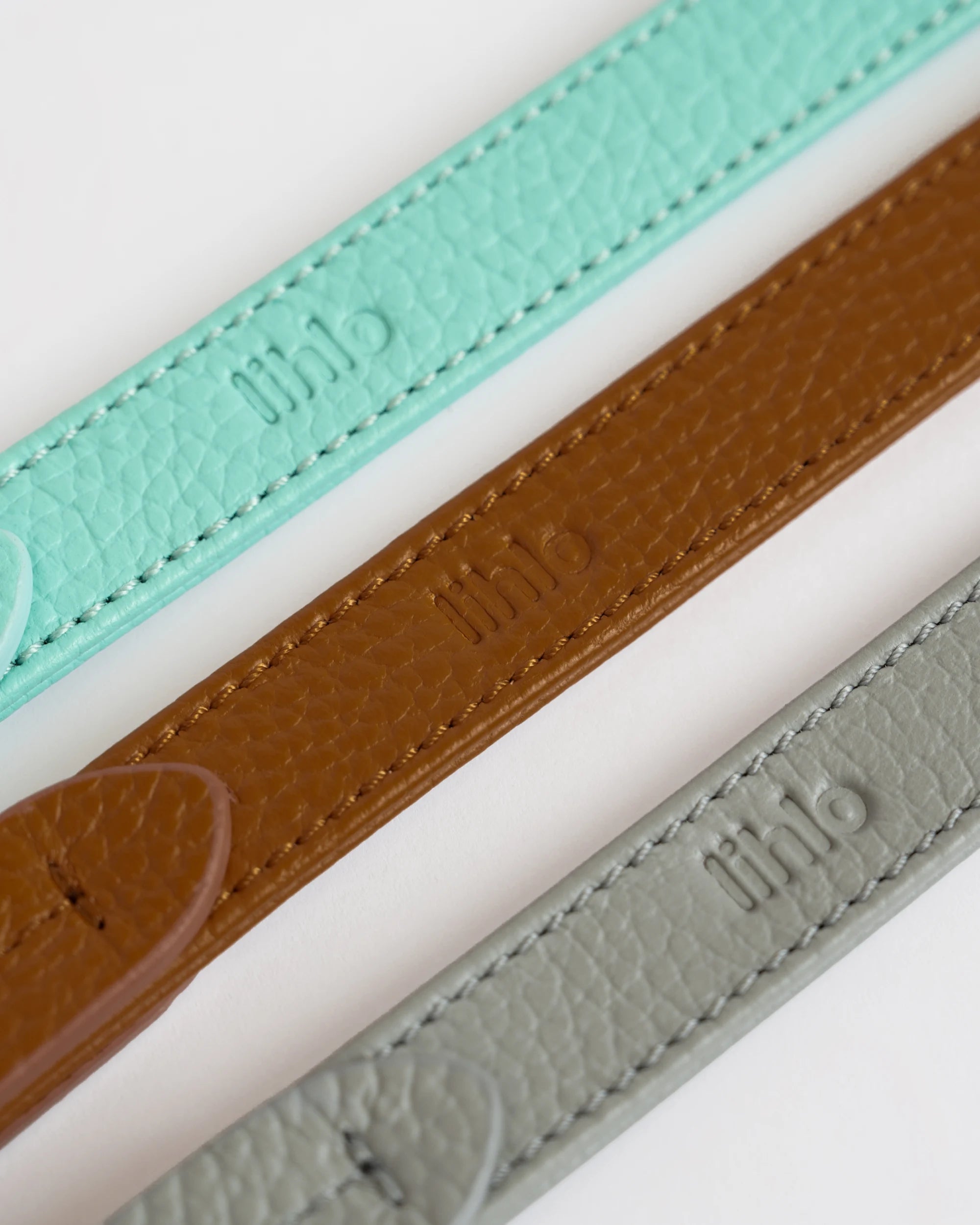 Aqua, Cognac and Grey lihlo leather dog leashes